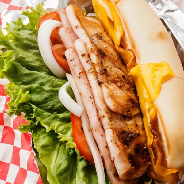 Grilled chicken sandwich with melted cheese, lettuce, tomato, and onion on a bun.