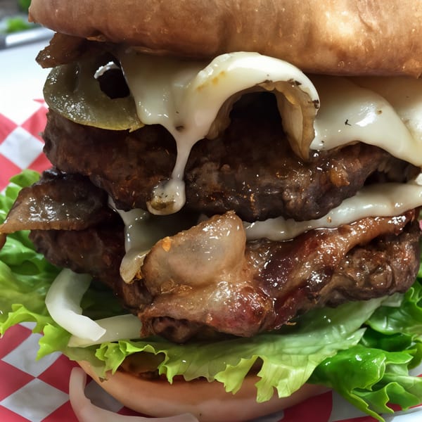 Close-up of a Bull Chicks double burger with melted cheese, pickles, onions, and lettuce.