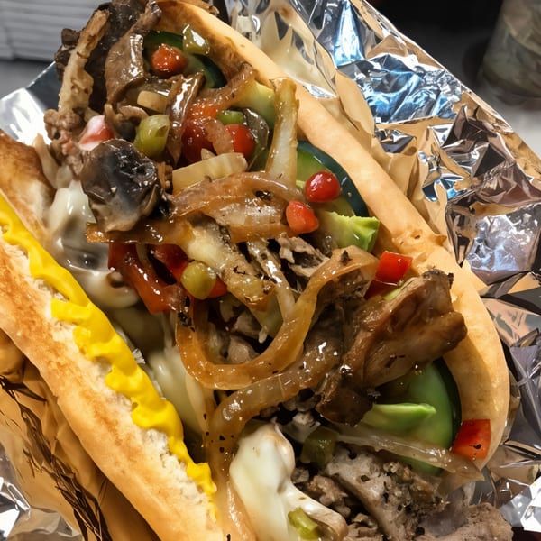 A Bull Chicks cheesesteak sandwich with steak, onions, peppers, mushrooms, and avocado in foil.